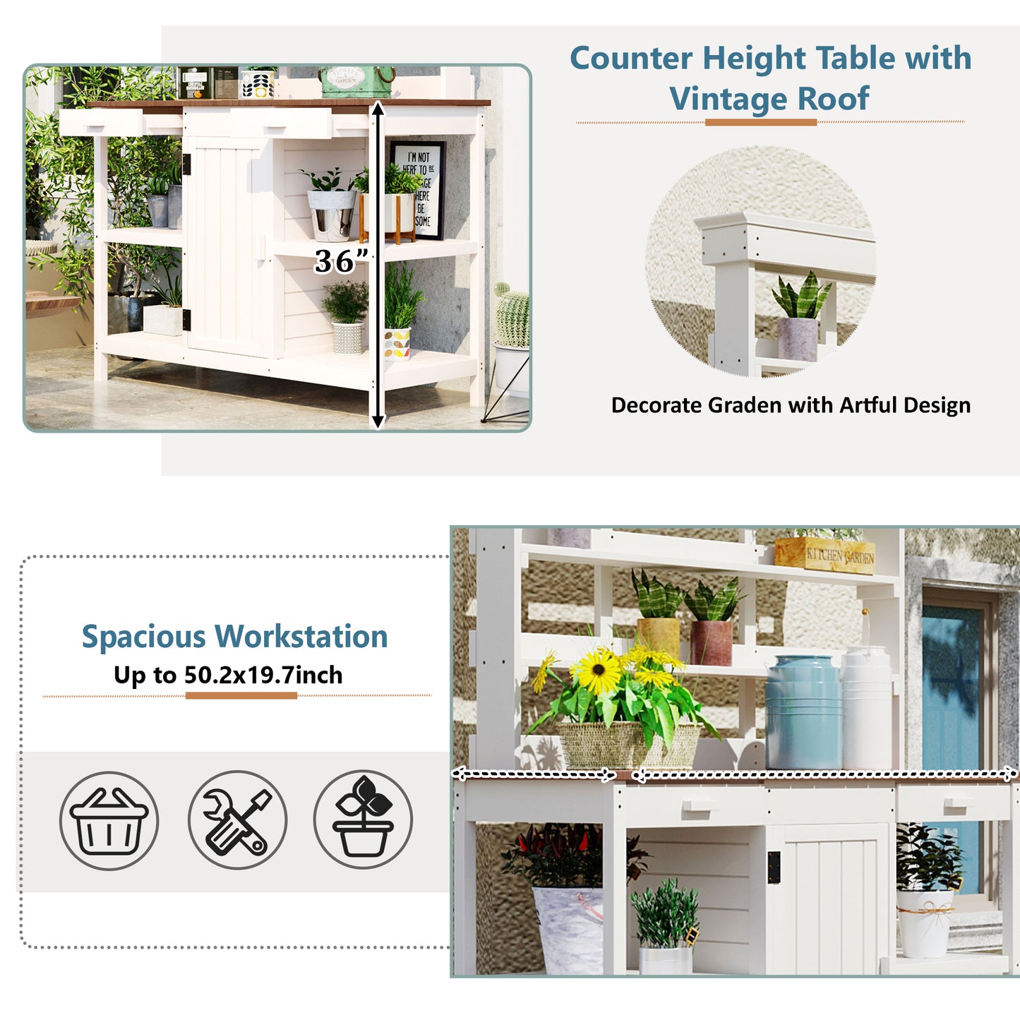 TOPMAx 66  Large Outdoor Farmhouse Wooden Potting Bench Table  Garden Workstation With 2 Drawers  Cabinet And Open Shelves For Backyard  Mudroom  White
