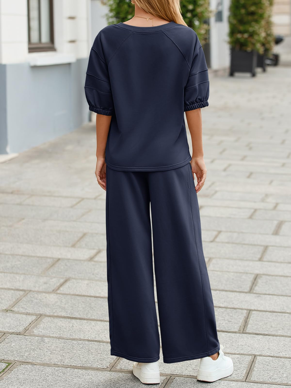 Fisoew Womens 2 Piece Outfits Casual V Neck Shirts Wide Leg Running Long Pants Loose Workout Tracksuit Sets