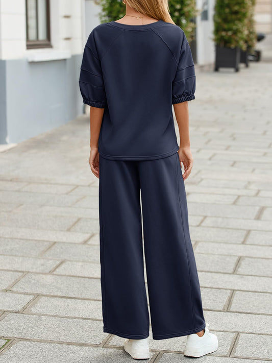 Fisoew Womens 2 Piece Outfits Casual V Neck Shirts Wide Leg Running Long Pants Loose Workout Tracksuit Sets