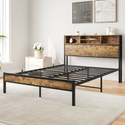 Full Size Bed Frame With Storage Headboard, Metal Platform Bed With Charging Station, Bookcase Storage, No Box Spring Needed, Easy Assembly, Noise-Free, Black