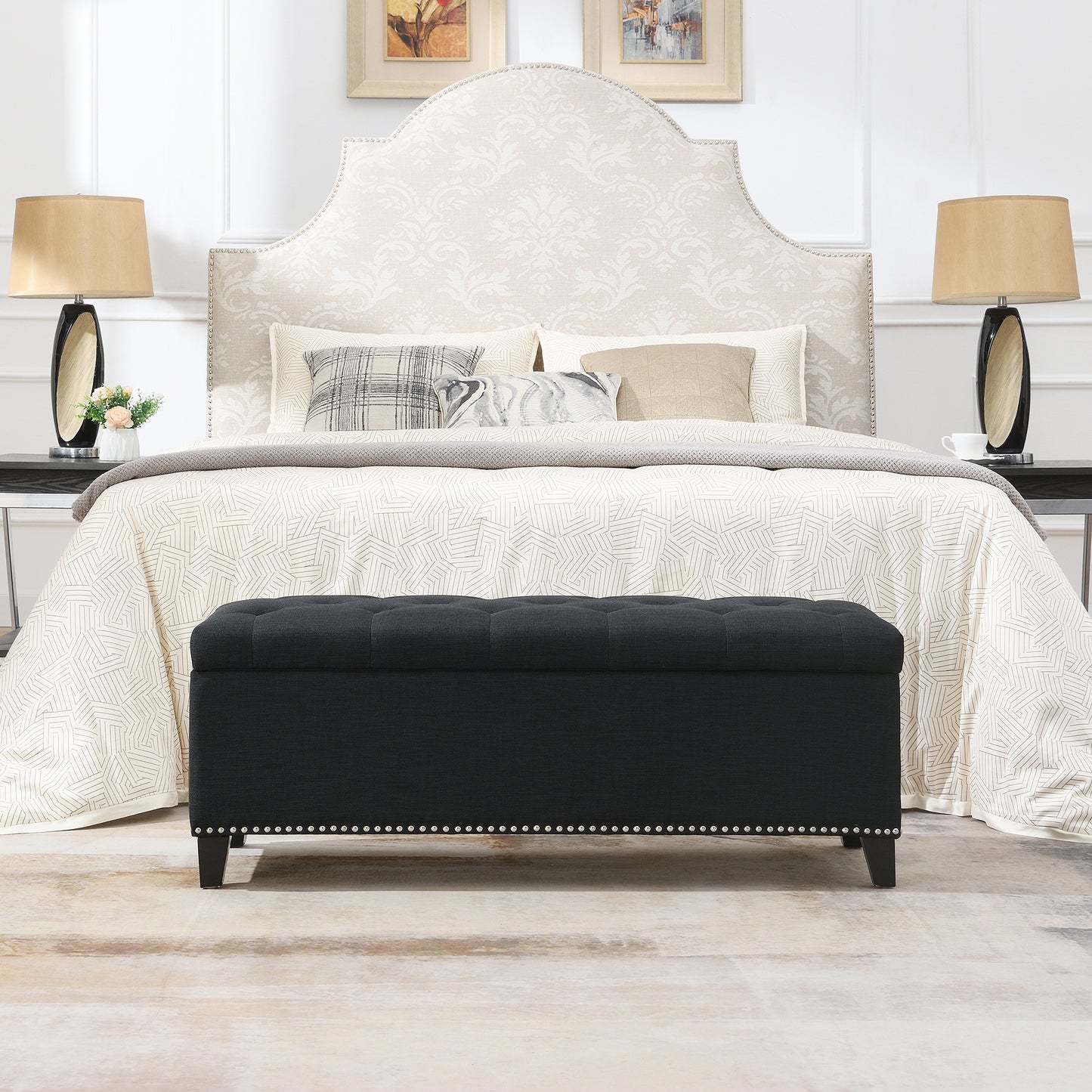 47.5  Storage Ottoman, Storage Bench With Safety Close Hinge, Linen Button-Tufted Ottoman For Living Room, Entryway, Hallway, Foot Rest, Support 500lbs - Black