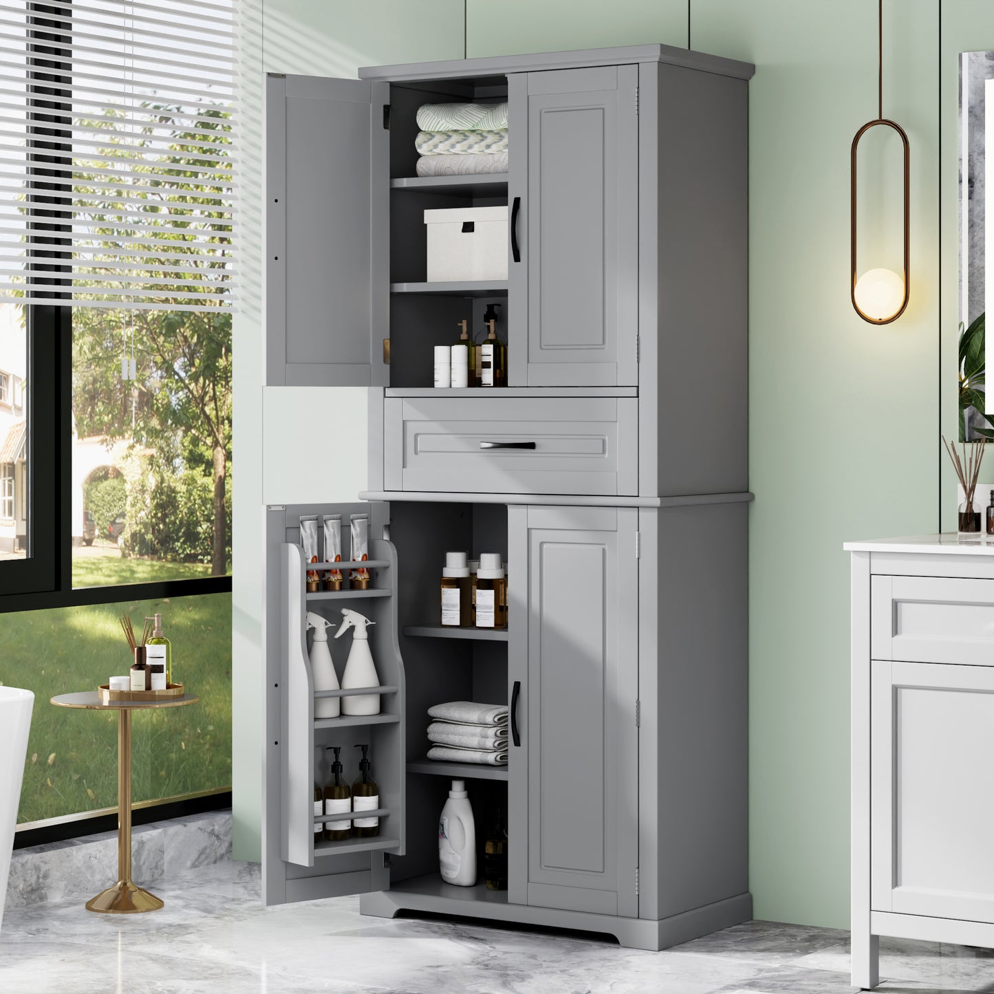 Video  Bathroom Storage Cabinet With Multi-Functional Storage Space, Drawer With Slide Rails, Adjustable Shelf, Grey