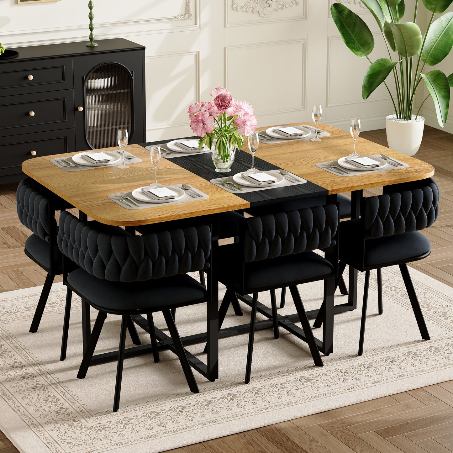 7-Piece Rectangular Dining Table Set, Fixed Two-Tone Wood Grain & Black Triamine Tabletop With 6 Black Velvet Chairs, Modern Kitchen Table Set For 6 People, Ideal For Small Spaces, Apartment