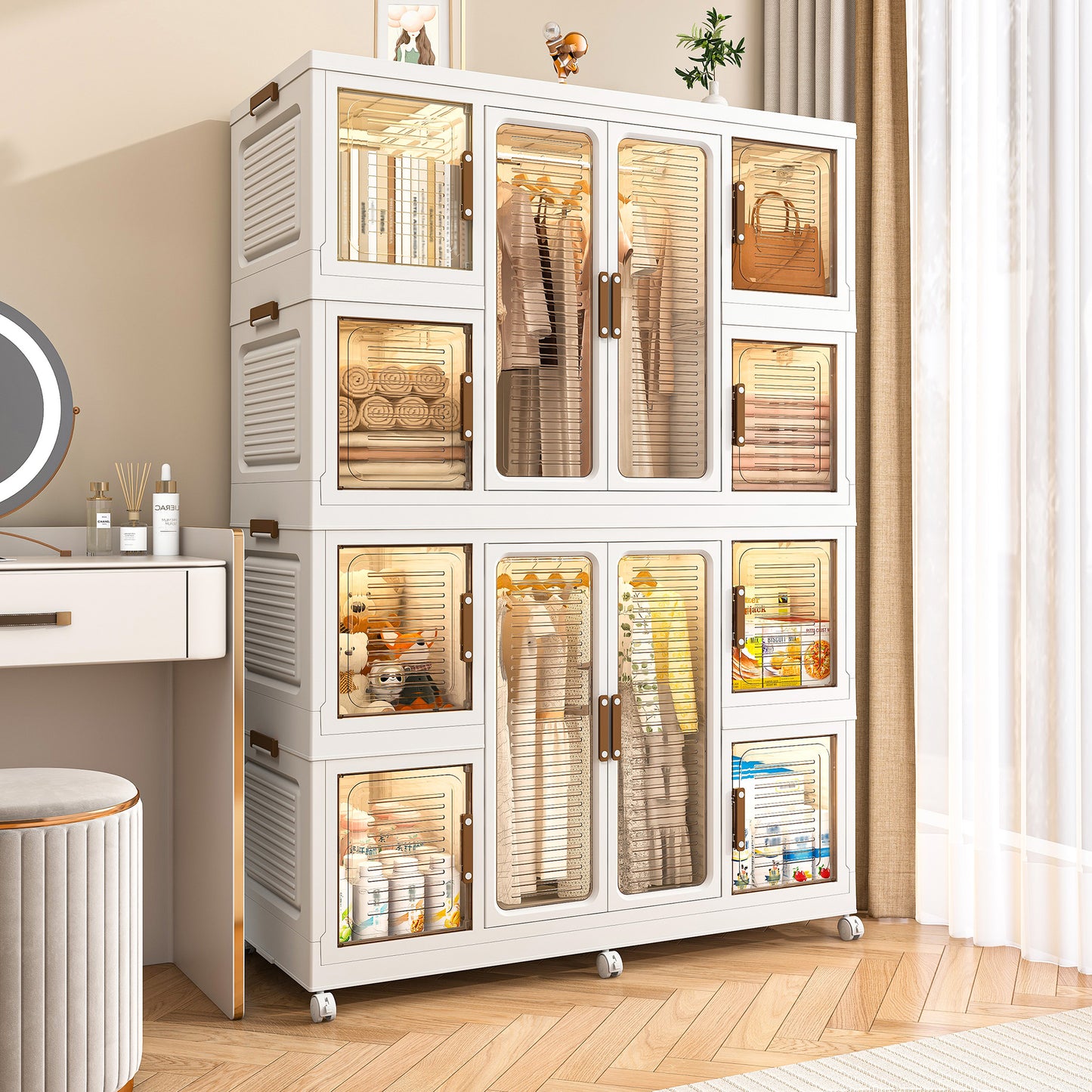 Portable Wardrobe Closet Storage Organizer For Clothes,Clothes Dresser,12 Magnetic Doors-12 Cubes & 2 Hanging Rod,16 Pcs Hangers , Baby Wardrobe Storage Cabinet,White