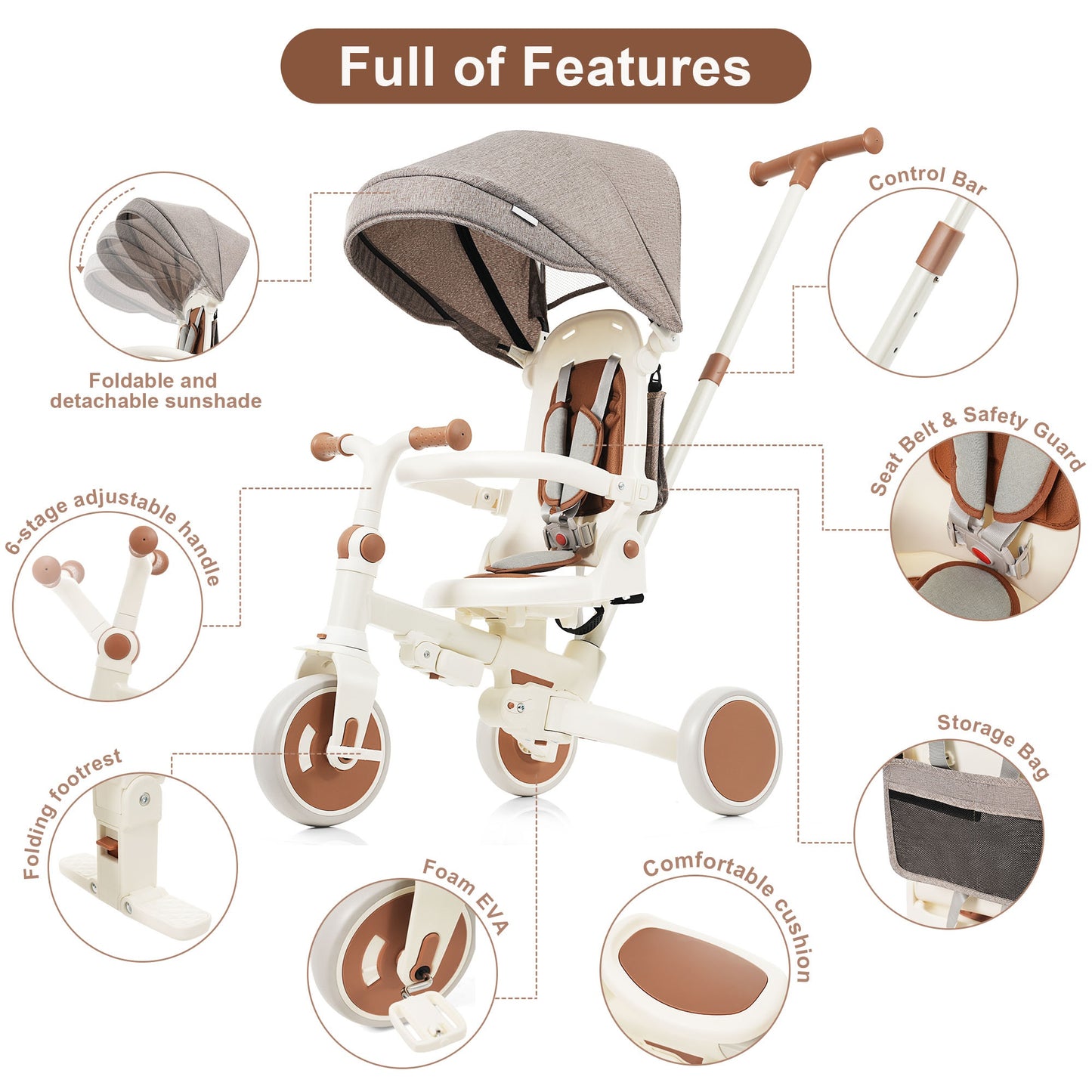 7 In 1 Baby Tricycle, Foldable Toddler Tricycle With Removable And Adjustable Parent Handle, Toddler Push Bike With Removable Pedal, Canopy, And Guardrail, Tricycle For 12-72 Months, Ivory And Brown