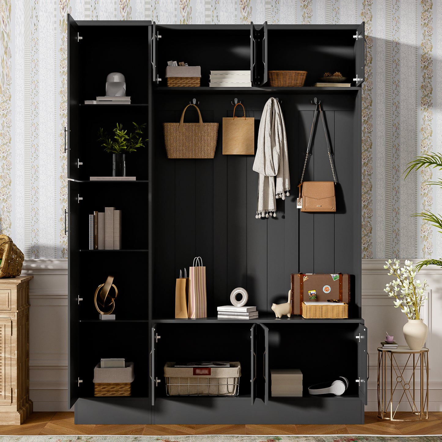 VIBE HAUS 79  Tall Modern Hall Tree With Shoe Storage, 4-in-1 Entryway Bench With 6 Cabinets, 4 Coat Hooks & Adjustable Shelf For Hallway, Living Room, Black