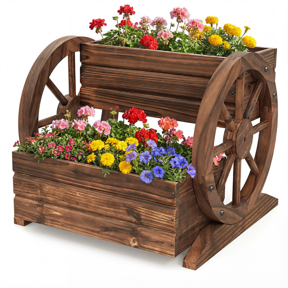 2-Tier Raised Garden Bed Rustic Wood Wagon Shape With Drainage Holes And Wheels For Growing Flowers Or Displaying Potted Plants