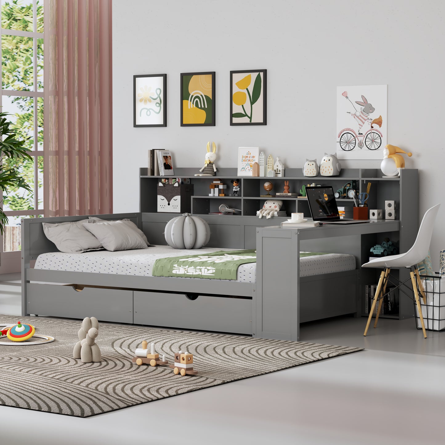 Wooden Full Size Daybed With Storage Shelves, Multi-functional Bed With Two Storage Drawers And  Study Desk, Gray