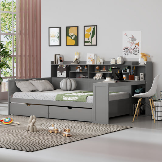 Wooden Full Size Daybed With Storage Shelves, Multi-functional Bed With Two Storage Drawers And  Study Desk, Gray