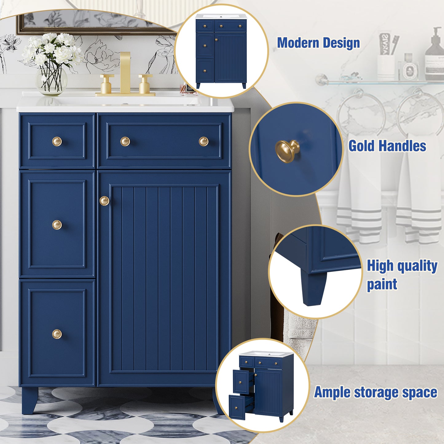 24-Inch Bathroom Vanity Cabinet With Ceramic Sink, 2 Drawers, 1 Door