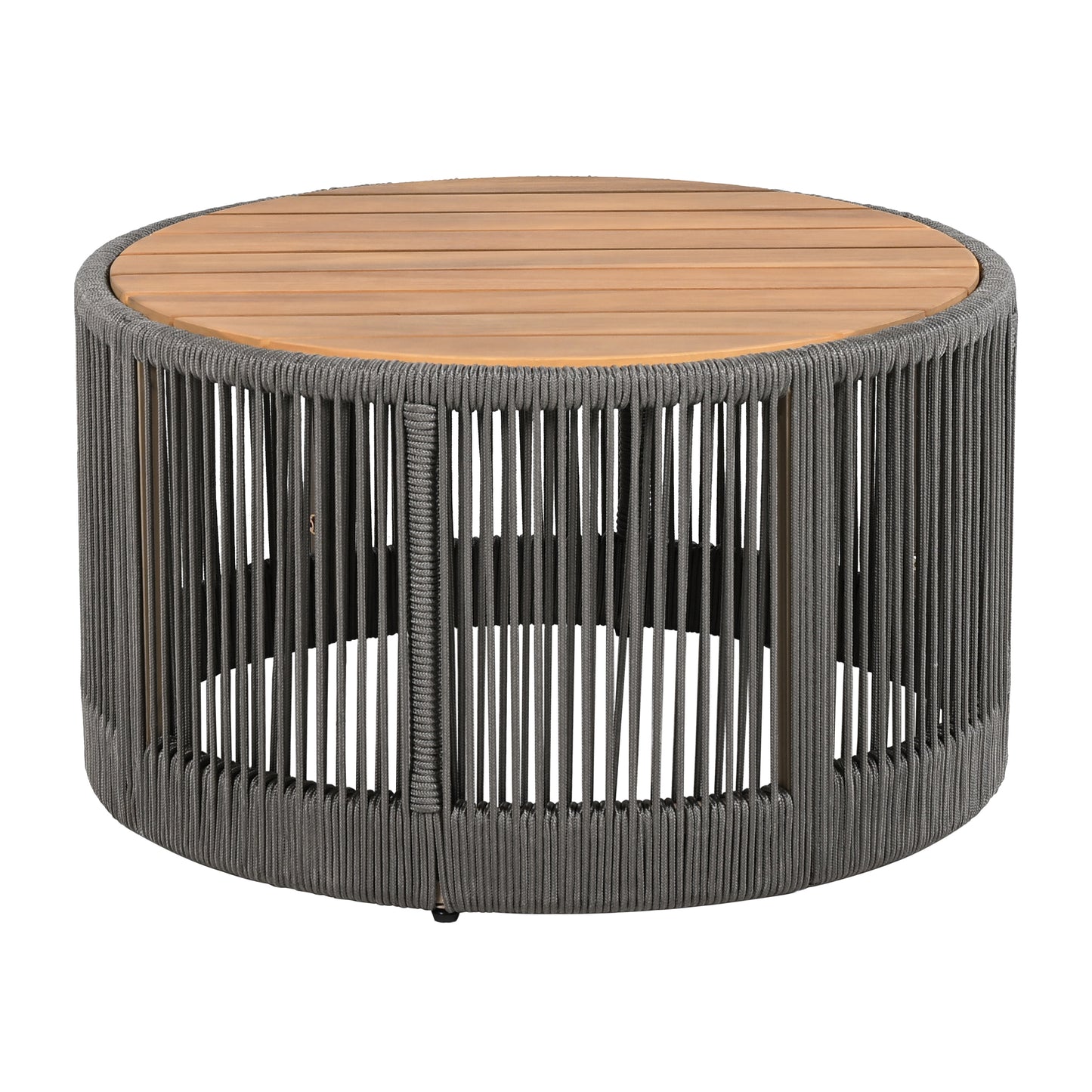 Outdoor Rattan Rope & Acacia Wood Coffee Table - Patio Balcony Furniture For Garden, Yard, Balcony - Weather Resistant  Rope Grey, Natural Iron