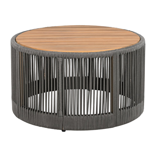 Outdoor Rattan Rope & Acacia Wood Coffee Table - Patio Balcony Furniture For Garden, Yard, Balcony - Weather Resistant  Rope Grey, Natural Iron