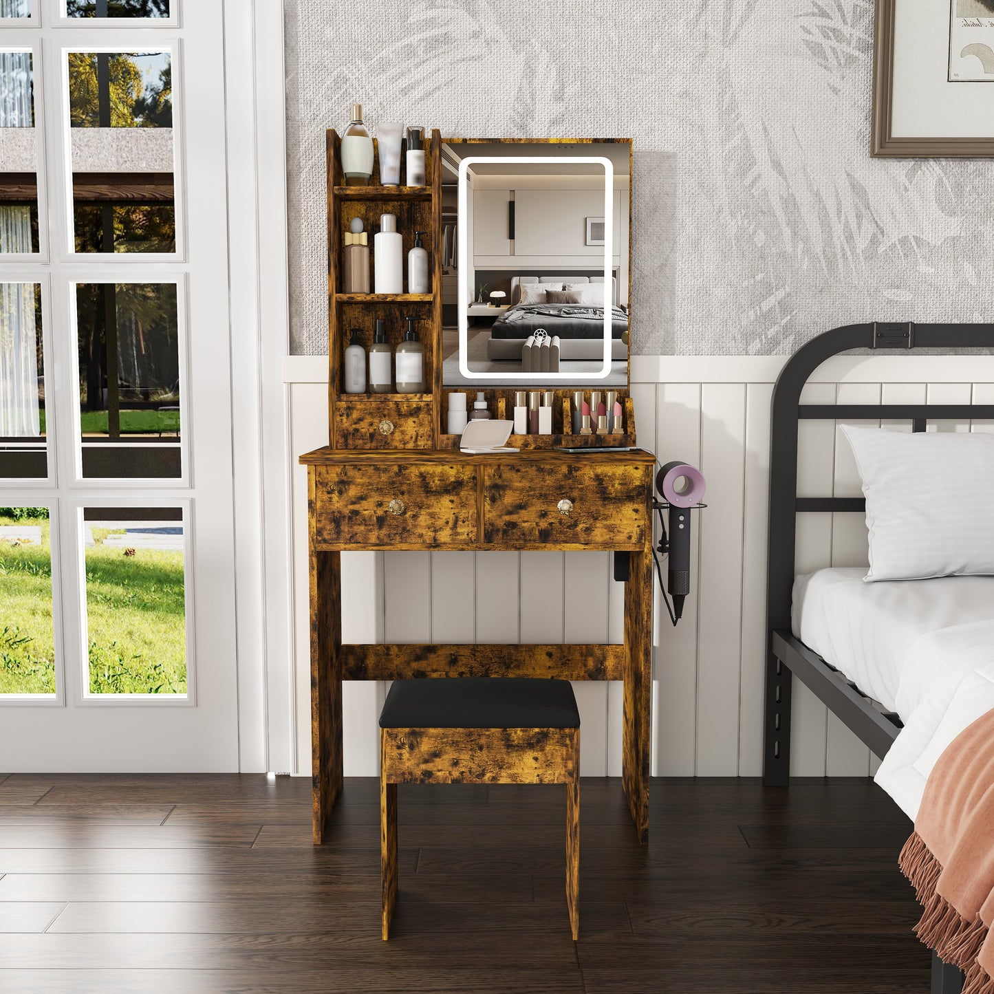 Modern Small Vanity Desk  Featuring 3 Modes Of LED Lighting With Adjustable Brightness  3 Drawers And Multiple Open Storage Shelves  A Hair Dryer Holder And Power Socket  And A Dressing Chair. Brown