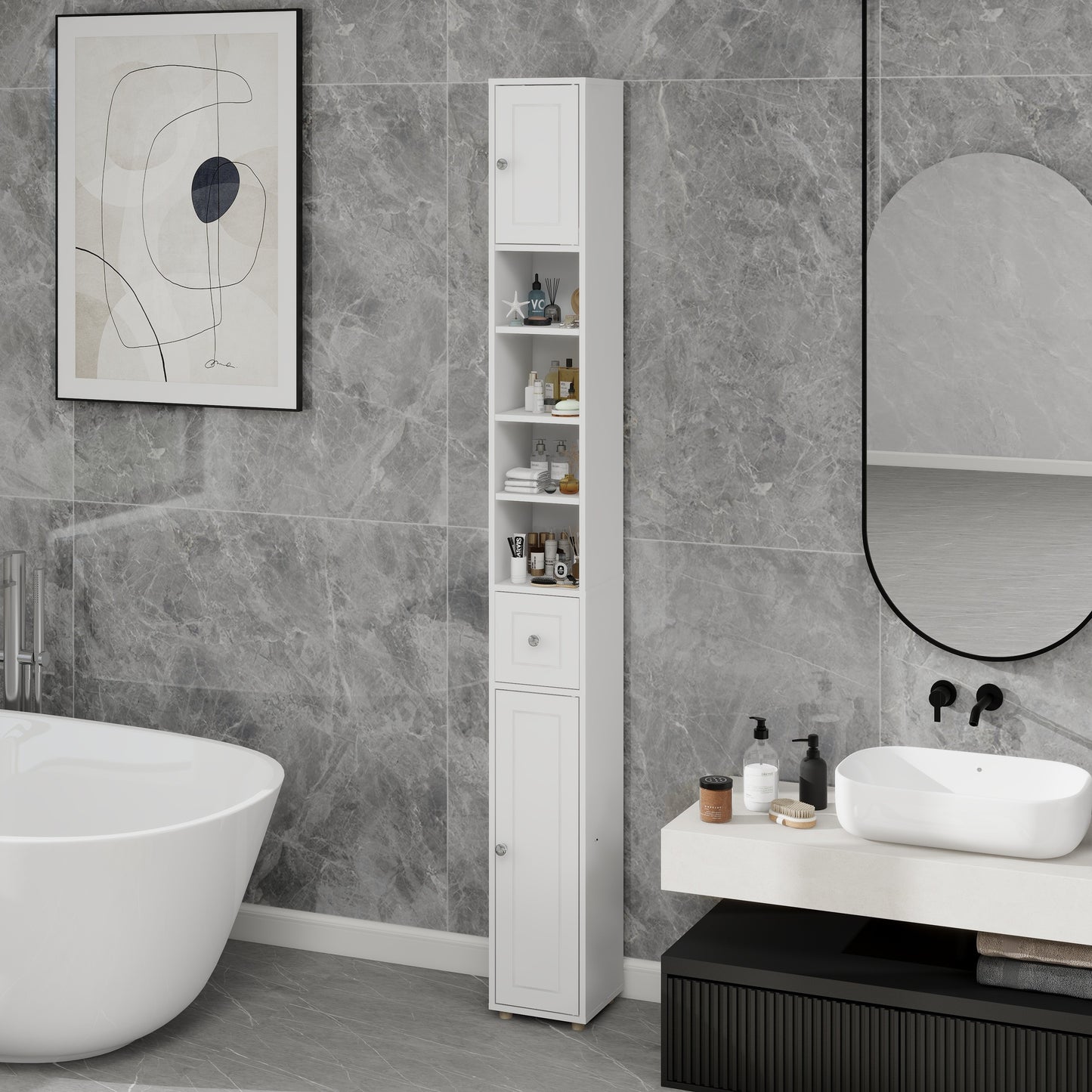 Tall Slim Bathroom Storage Cabinet, 71 Freestanding Bathroom Cabinet With 1 Drawer, 2 Doors And 4 Adjustable Shelves-White