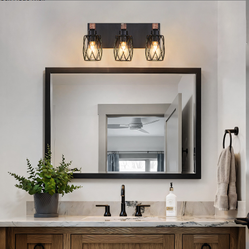 18inch Industrial Vintage 3-Light Wall Sconce - Black Cage Wall Lighting Fixture With Wooden Accents For Bathroom, Hallway, Or Living Room Bulb Not Included