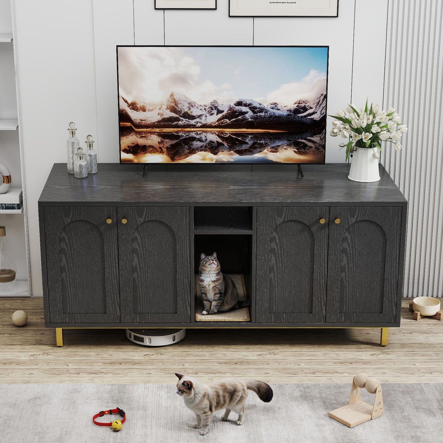 Cat Litter Box Enclosure Black Color Large Capacity Double Magnetic Door Design Litter Box Furniture Enclosure Cabin With Scratching Pad