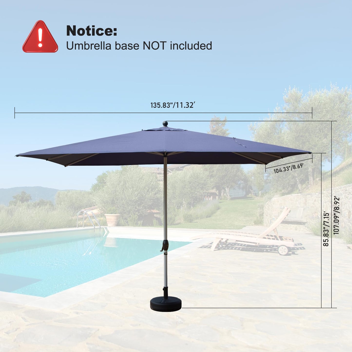 Rectangle Patio Umbrella With Crank Lift , Navy Blue  Base Not Included