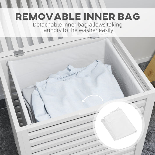 55 L Bamboo Laundry Basket With Lid, Cloth Hamper With Removable Liner Bag, 19.75 X 14.25 X 23.5 Inches, White