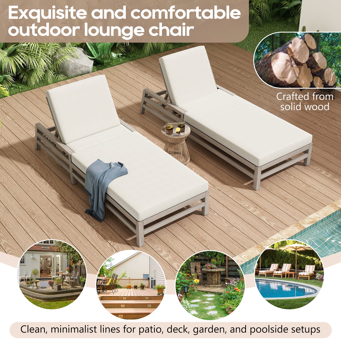 TREXM 5-Position Adjustable Outdoor Chaise Lounge Set Of 2  Solid Wood Patio Recliner Chair With Thick Cushions  Weather-Resistant For Pool  Balcony & Garden  Gray