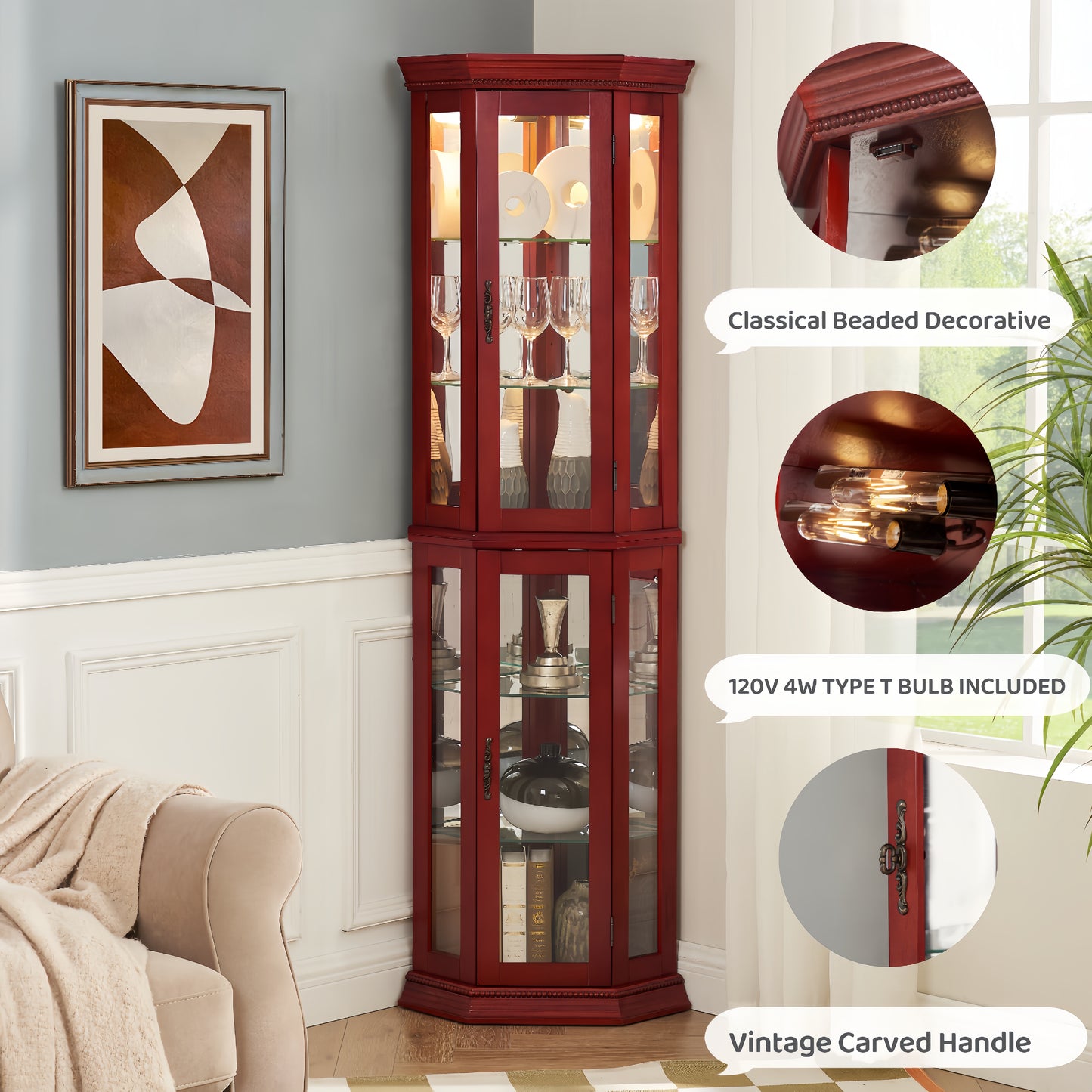 Corner Curio Cabinet Lighted Corner Display, Glass Display Shelf Shelving Bar Cabinet With Tempered Glass Door, Bar Cabinet,Cabinet With Adjustable Shelf Glass Cabinet Shelves Bead Bulb Included