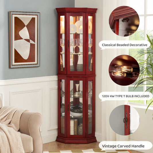Corner Curio Cabinet Lighted Corner Display, Glass Display Shelf Shelving Bar Cabinet With Tempered Glass Door, Bar Cabinet,Cabinet With Adjustable Shelf Glass Cabinet Shelves Bead Bulb Included