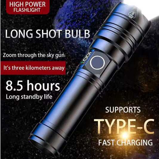 Rechargeable Flashlight 50000 Lumens Long Range Super Bright USB C LED Flashlight Long Life 5 Modes Powerful Zoomable Flashlights For Emergency Hiking Camping