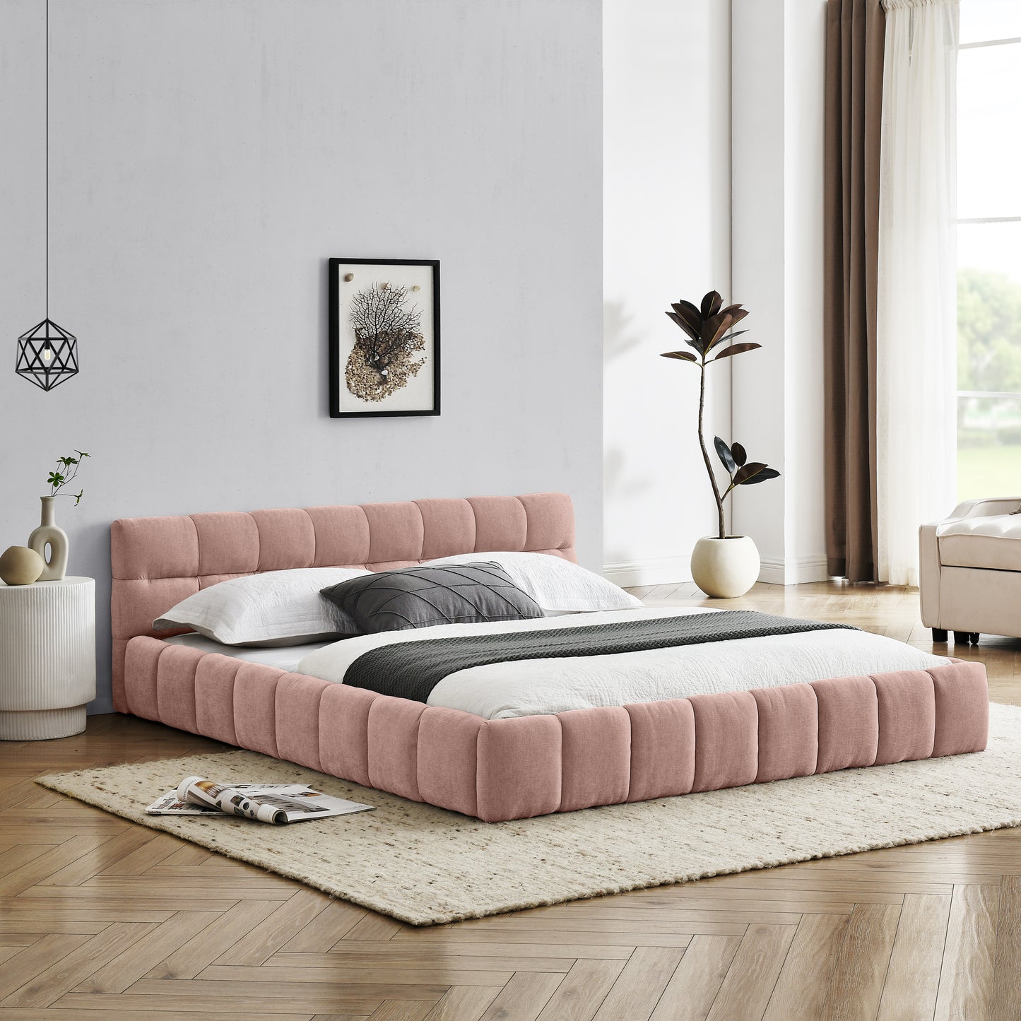 Queen Size Upholstered Bed Frame With Thick Fabric, Chenille Fabric Grounded Queen Size Platform Bed With Headboard And Solid Frame. No Box Spring Needed, PINK 68x86.5x23.5