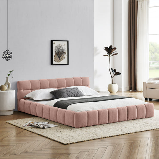 Queen Size Upholstered Bed Frame With Thick Fabric, Chenille Fabric Grounded Queen Size Platform Bed With Headboard And Solid Frame. No Box Spring Needed, PINK 68x86.5x23.5