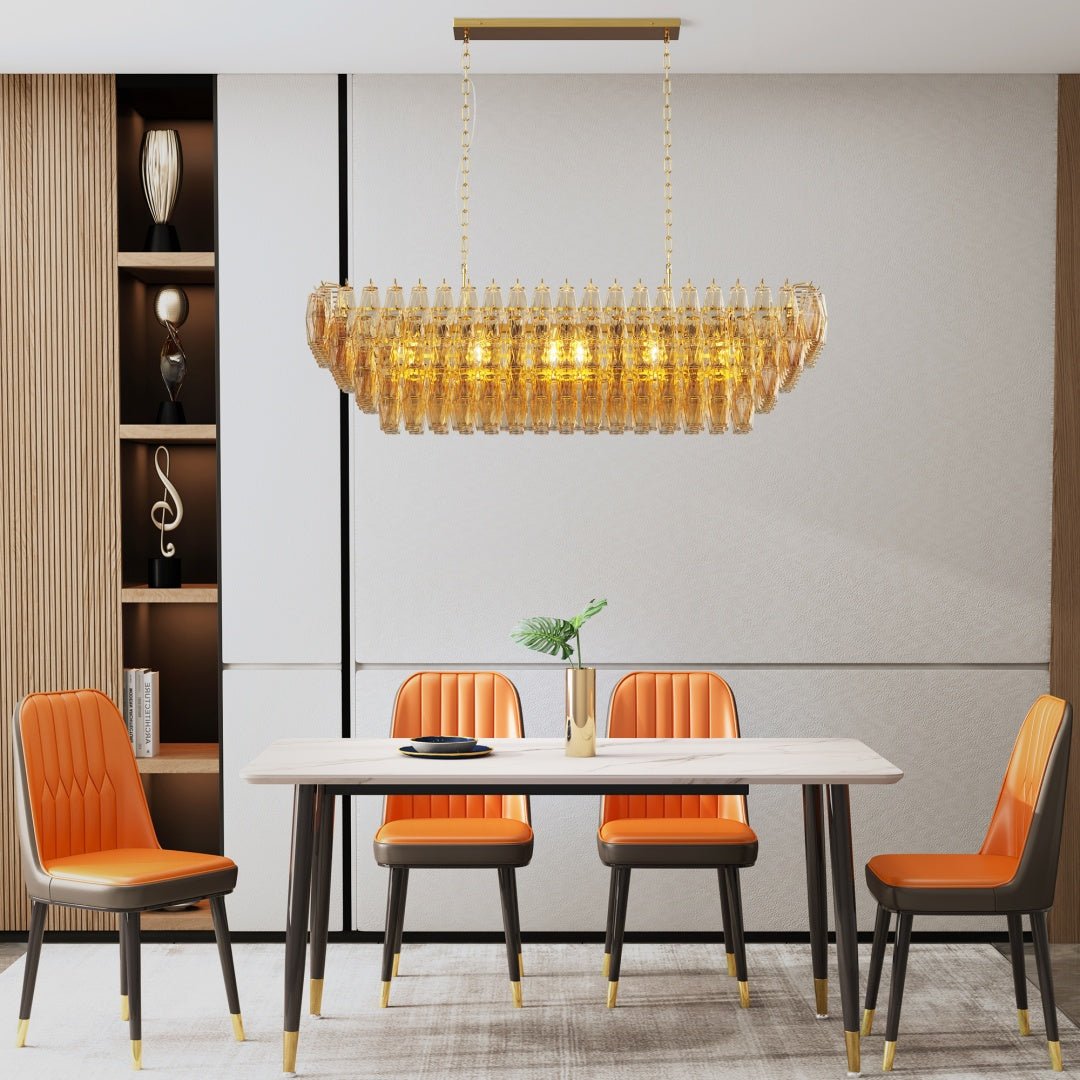 Modern Chandeliers For Dining Room, 54  Large Rectangle Gold Kitchen Chandelier Over Table, 12-Light With Smoke Glass Ceiling Lights, Farmhouse Pendant Lighting Fixture For Living Room Bedroom