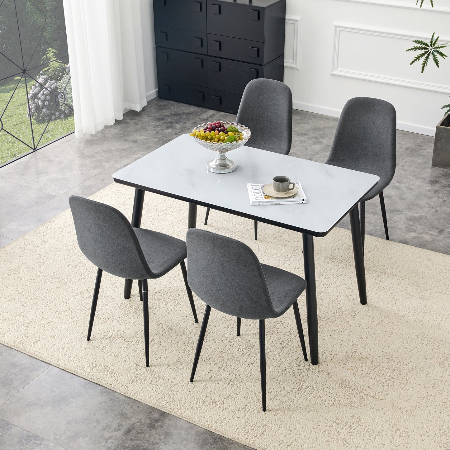 Table And Chair Set.Modern Dining Table. White Imitation Marble Texture Glass Top    Lower Black MDF Board,black Metal Legs.Paired With 4 Dark Gray Linen-Cotton Material Dining Chair With Metal Leg.