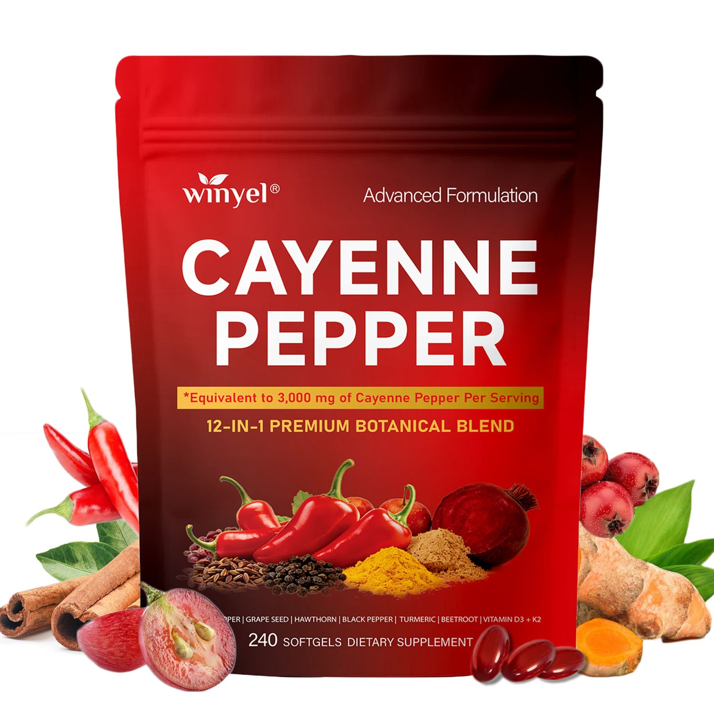 Chili Pepper Softgel Supplement To Support Leg Vein, Heart, And Vascular Health. Contains Vitamins C, D3, And K2, As Well As Extracts Of Grape Seed, Hawthorn, Cinnamon, And Beetroot 240 Softgels