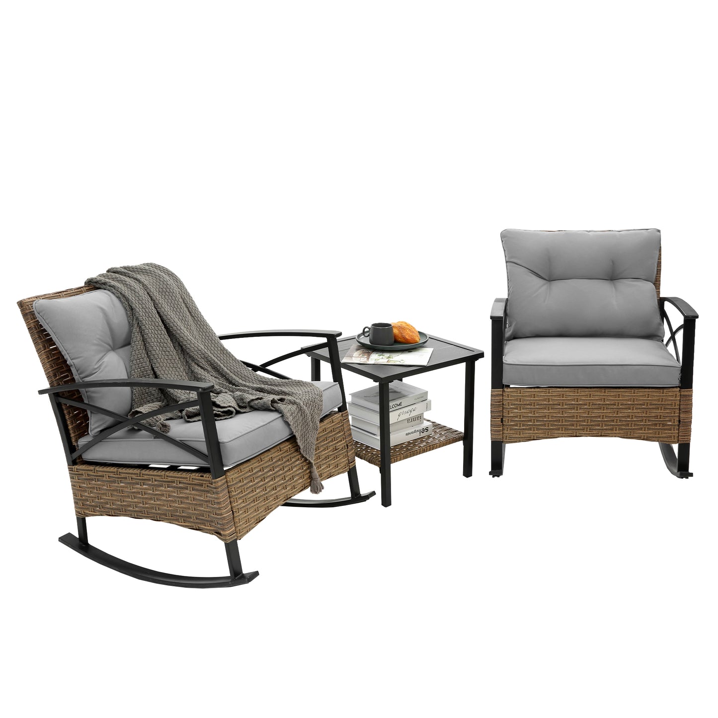 3pcs Rocking Rattan Set Wholesale Leisure Chair Outdoor Rattan Rocking Chair Set Grey