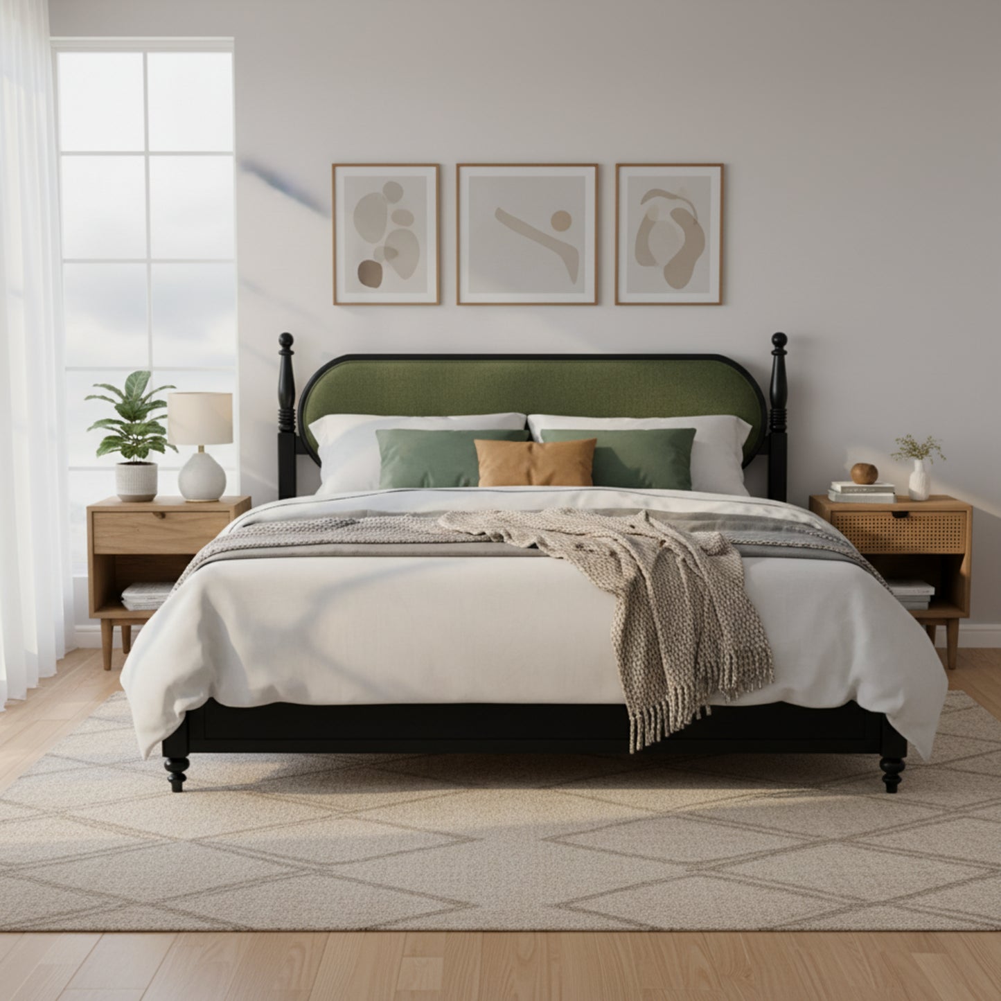 King Bed Frame, Solid Wood Platform With Slats, Modern Green & Black Bedroom Furniture, No Box Spring Needed