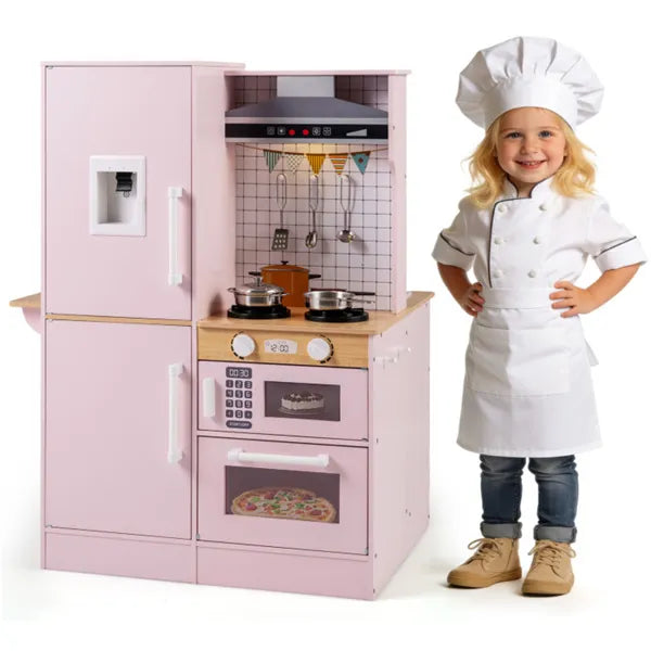 Pink Dual-Sided Kids Play Kitchen With Water Dispenser And Range Hood For 3+ Years Old