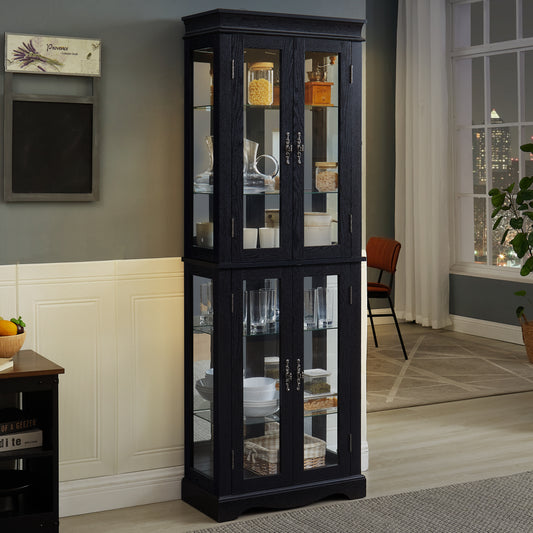 Lighted Glass Curio Display Cabinet,Display Cabinet,Glass Storage Cabinet Glass Wine Cabinet Wood Frame Toy Display For Living Room, Kitchen, Pantry Light Bulb Included BIACK