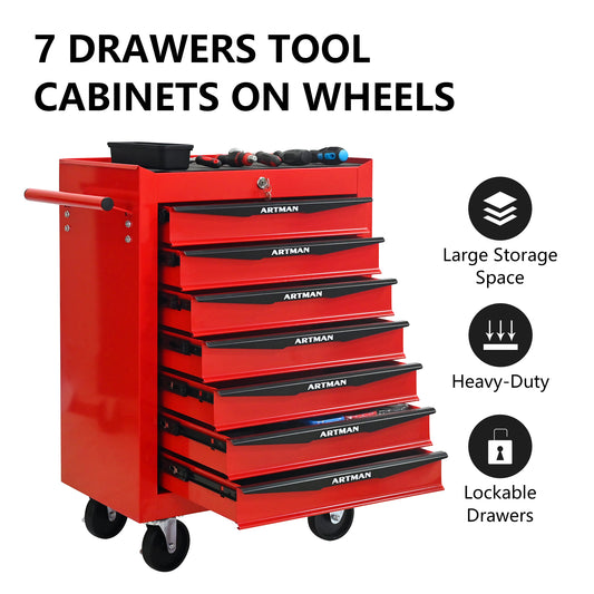 Rolling Metal Tool Chest With 7 Drawers, 20   7-Drawer Tool Chest Cabinet With Ball Bearing Drawer Slides, Steel Tool Storage Box Organizer -Red&Black
