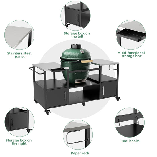 Outdoor Grill Table For Big Green Egg Style BBQ, Metal Grill Cart With Storage Box, Compatible With Up To Large Green Egg, Kamado Joe Jr