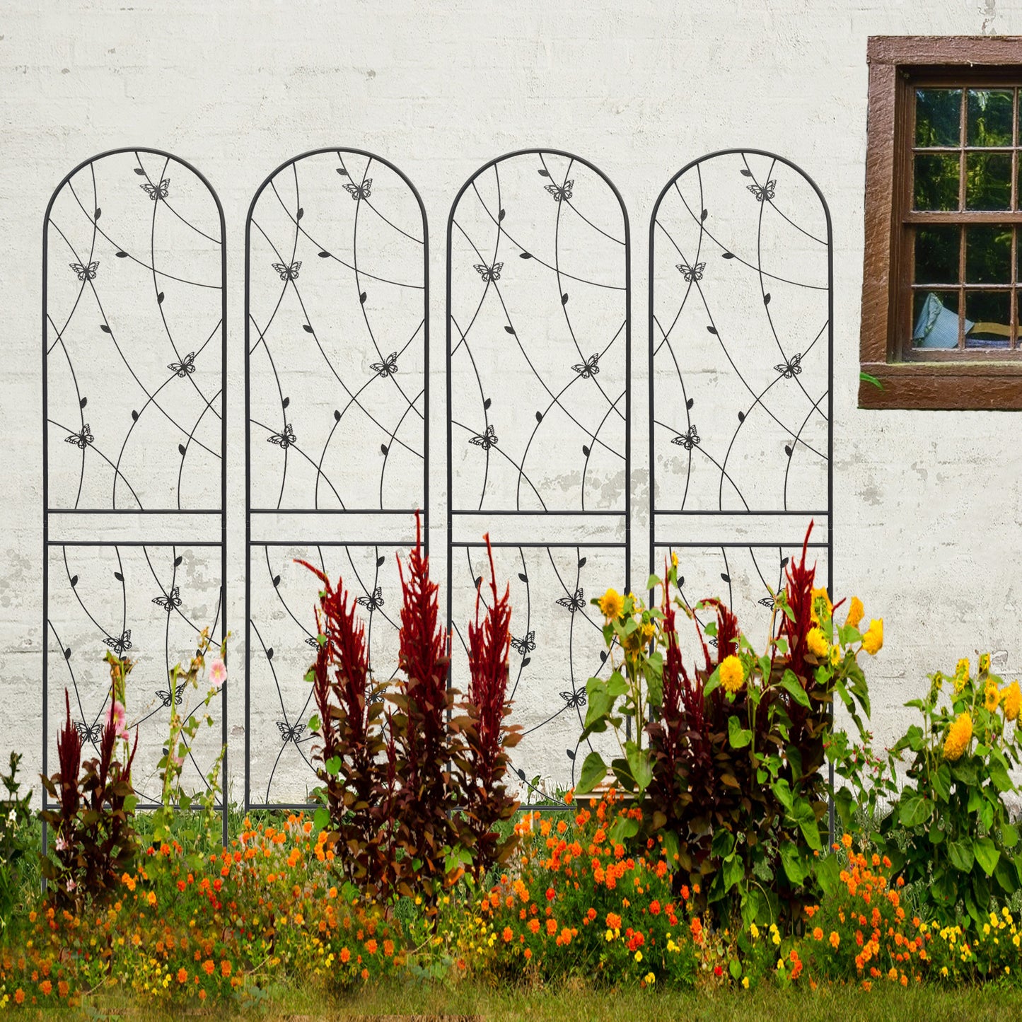4 Pack Metal Garden Trellis 86.7  X 19.7  Rustproof Trellis For Climbing Plants Outdoor Flower Support Butterfly Deco Black