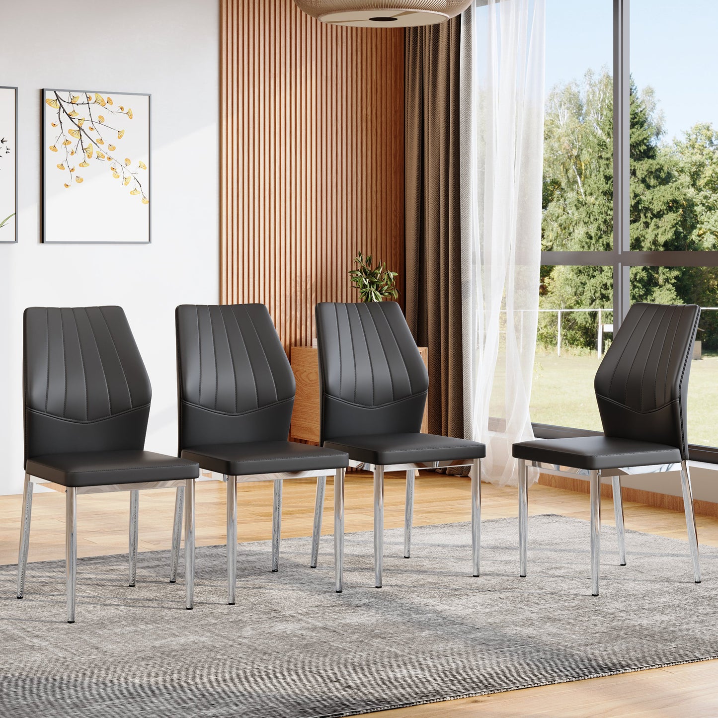 Set Of 4 Black - And - Silver Dining Chairs,37 Inches High Ergonomic PU Backrest, Combines Comfort And Style.Perfectly Blends Comfort And Elegance, Injecting More Comfort And Style Into Dining Time.