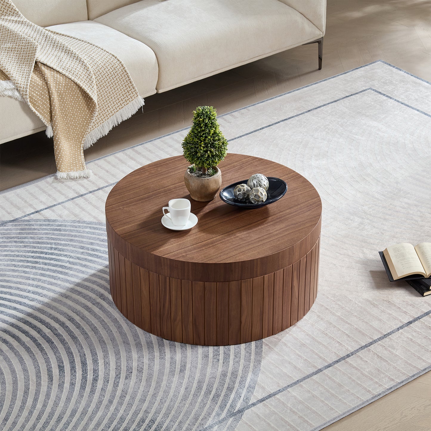 Modern Round Coffee Table With Storage Accent Tea Table For Living Room Bedroom Office Apartment,No Assembly