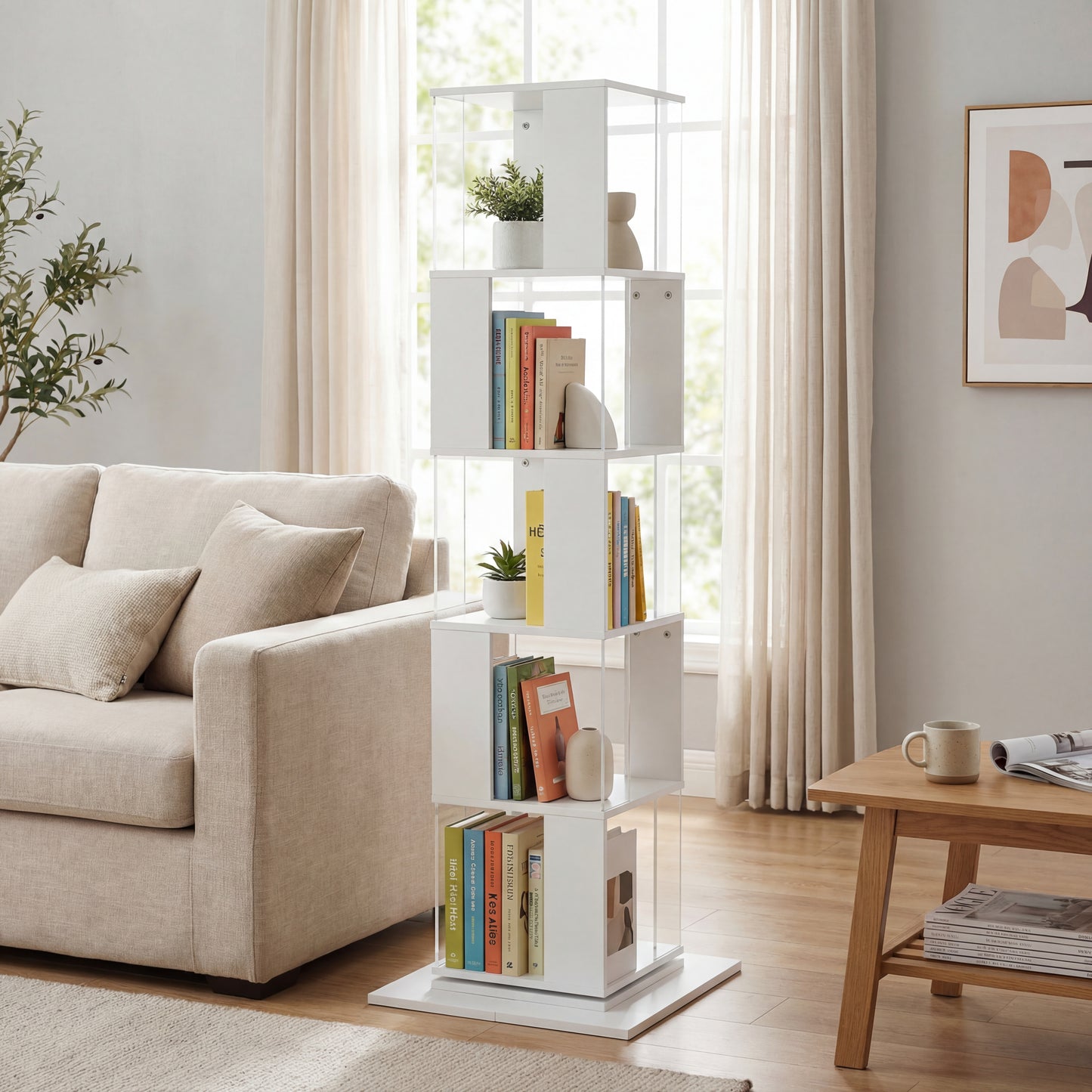 360 Rotating Bookshelf With Acrylic Plate, 5-Tier Tall, Floor Rack Simple Bookcase, Modern Display Shelf For Living Room Home Office Bedroom
