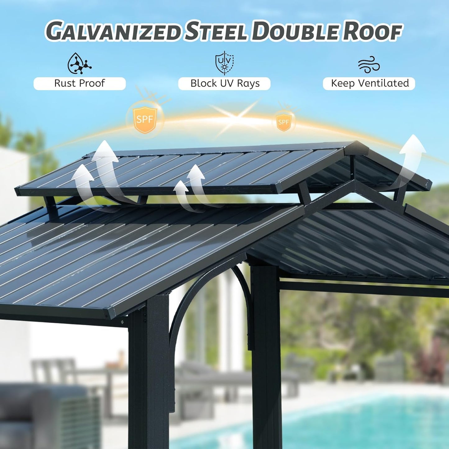 8x5FT Hardtop Grill Gazebo, Outdoor BBQ Gazebo W Galvanized Steel Double Roof, Permanent Sun Shade Grill Canopy Shelter With 2 Side Shelves And Ceiling Hook For Patio Deck Yard Garden  Grey