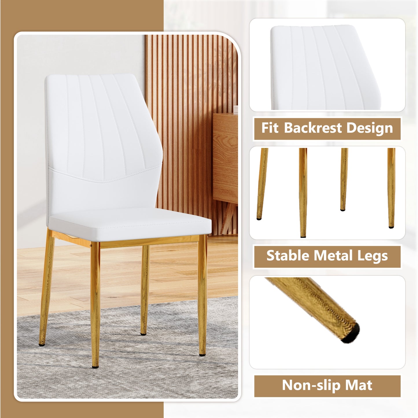Set Of 4 Gold - And - White Dining Chairs, 37 Inches High ,Ergonomic PU Backrest, Combines Comfort And Style.Perfectly Blends Comfort And Elegance, Injecting More Comfort And Style Into Dining Time.