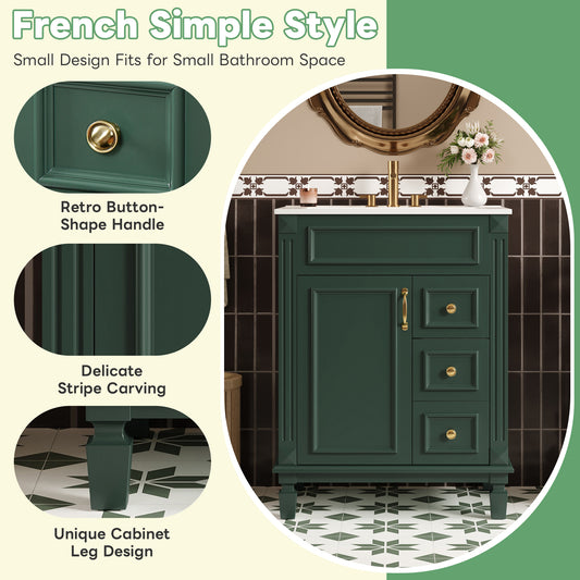 24   Bathroom Vanity With Ceramic Sink, Small Bathroom Sink Cabinet, Modern Cabinet With 2 Drawers And Adjustable Shelf
