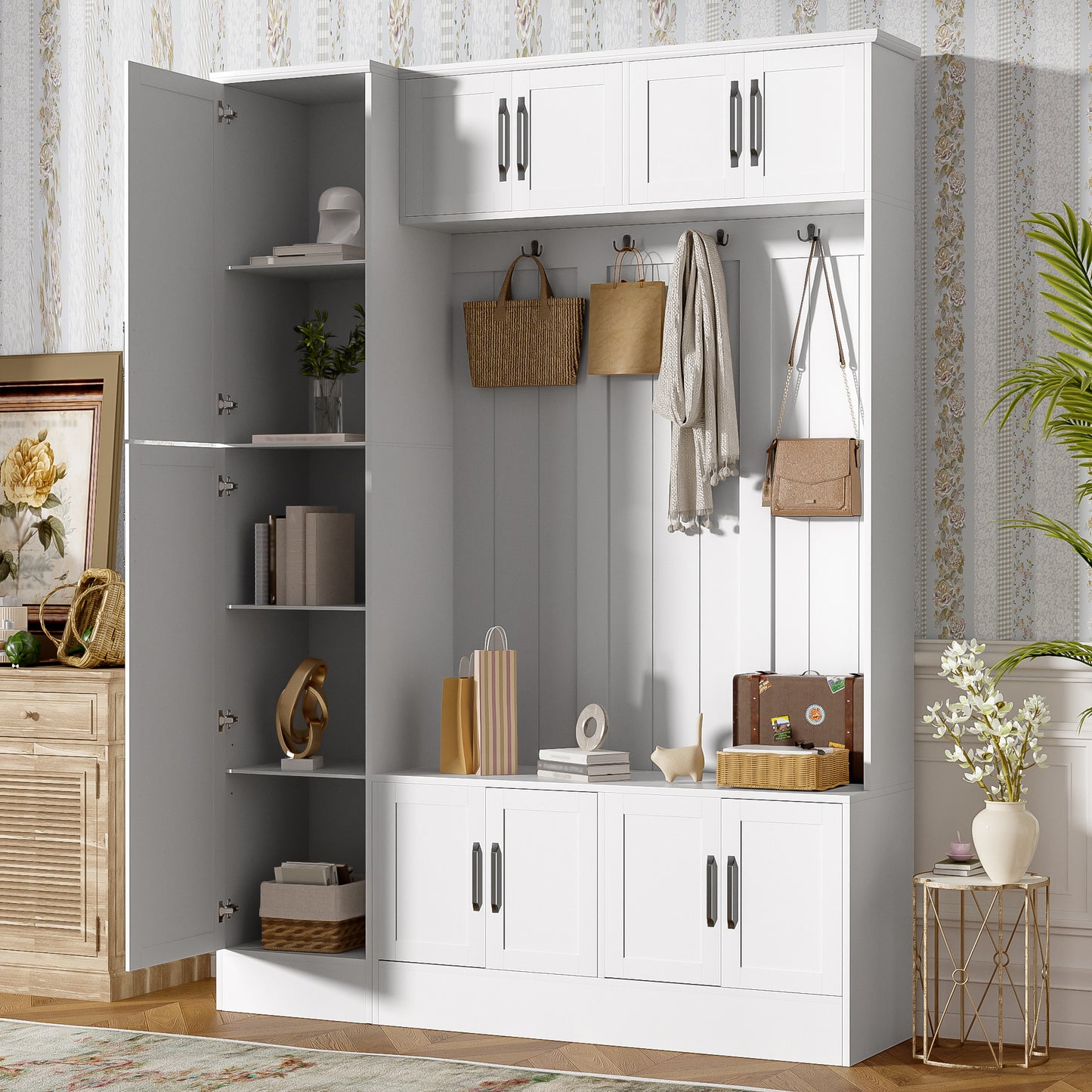 VIBE HAUS 79  Tall Modern Hall Tree With Shoe Storage, 4-in-1 Entryway Bench With 6 Cabinets, 4 Coat Hooks & Adjustable Shelf For Hallway, Living Room, White