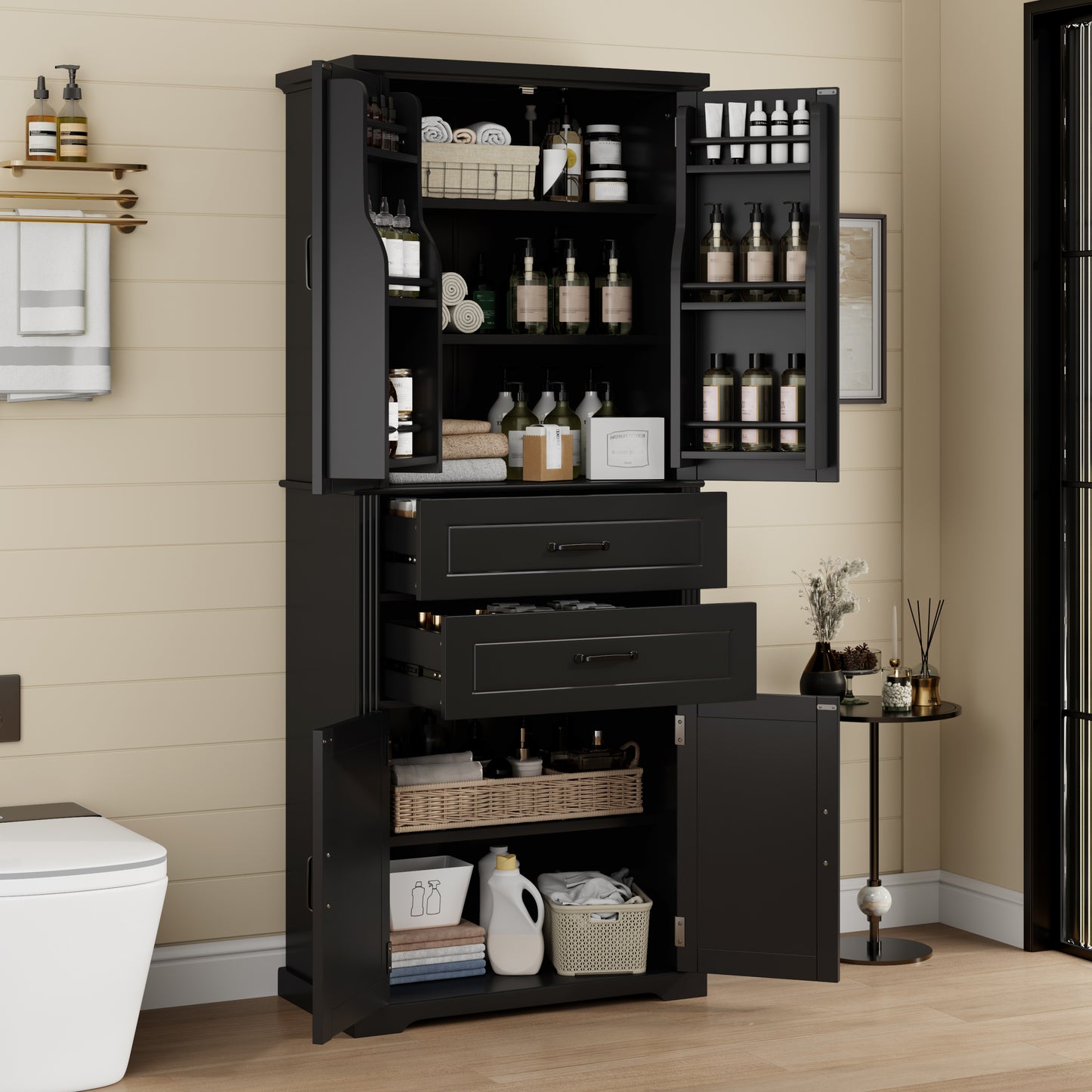 Video Storage Cabinet With Multi-Functional Storage Space, Doors With Storage Shelves, 2 Drawers, Adjustable Shelf, Black  Same Sku  N759P293426B