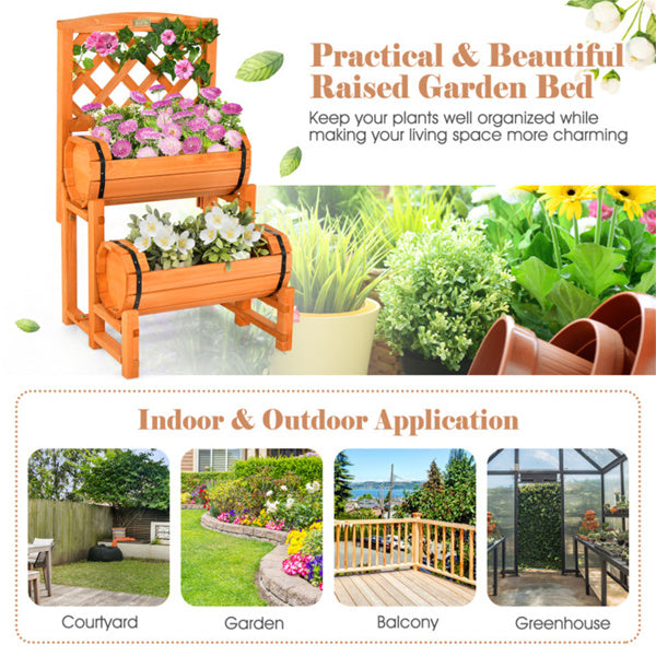 2-Tier Solid Fir Wood Raised Garden Bed With Trellis Cylindrical Planter Box For Climbing Plants