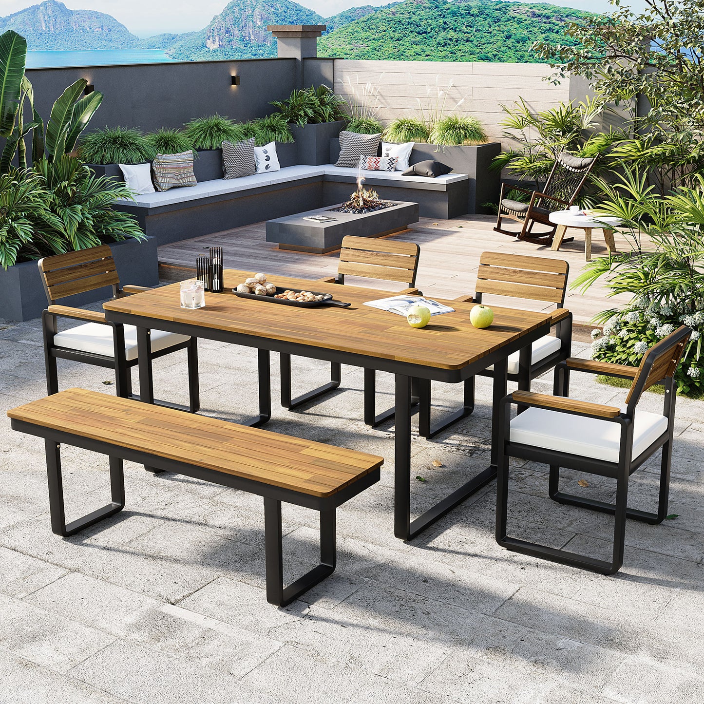 6-Piece Outdoor Dining Set, Acacia Wood, 1 Table With 4 Chairs & 1 Bench For 6-7 Person, Comfortable Cushions On Chairs, Adjustable Feet, For Patio, Garden, Backyard Dining, Beige Cushion
