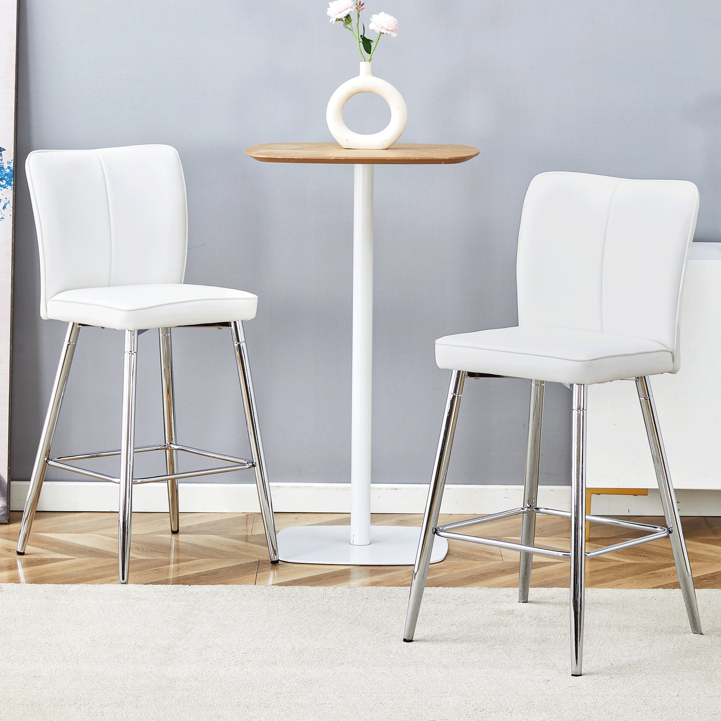 Modern White PU Bar Chair Set - Two Pieces, The Backrest Has A Vertical And Smooth Line Design With Silver Metal Leg.Suitable For Placement In Bars, Living Rooms, Bars, And Other Venues.