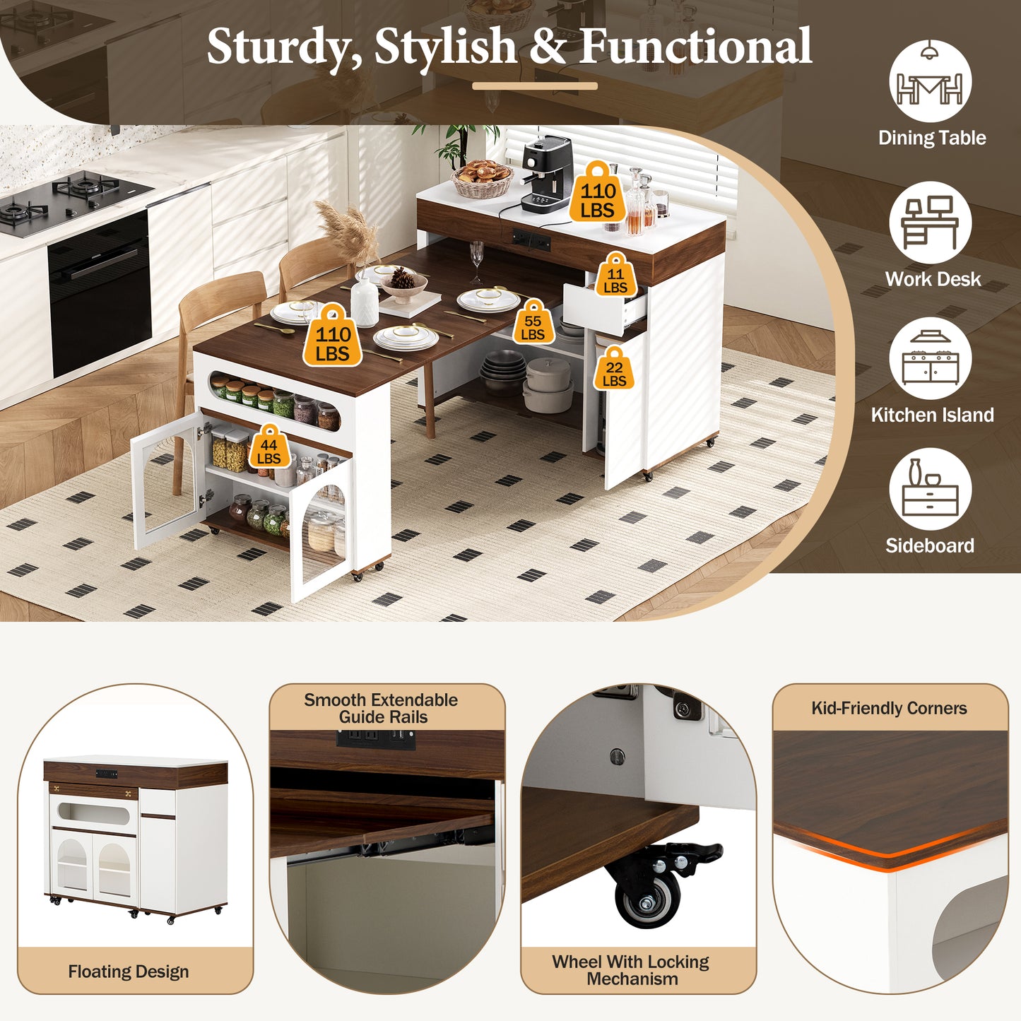 TREXM Extendable Dining Table With Extra-Long Folding Top  Rolling Kitchen Island With Drawers  Power Outlet And Brake Lock  Storage Cabinet For Kitchen And Dining Room  Walnut   Creamy White